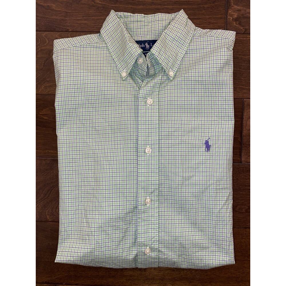 Y2K Ralph Lauren Polo Mens Blue Green Short Sleeve Button Front Size Medium